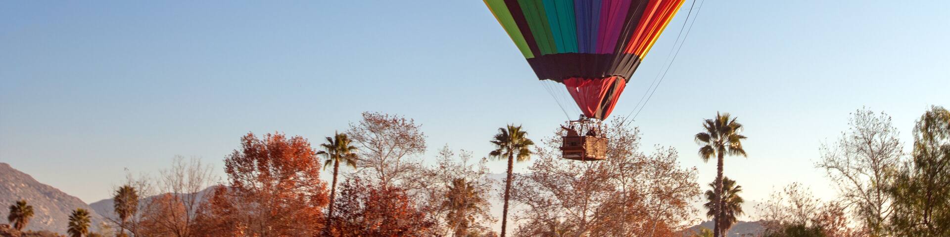 Hot air balloon floating down in park in the early morning golden hour over the Temecula Valley in southern California United States