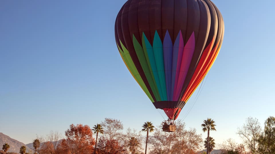 A hot air balloon with a rainbow-colored envelope flying above a landscape with palm trees and mountains.