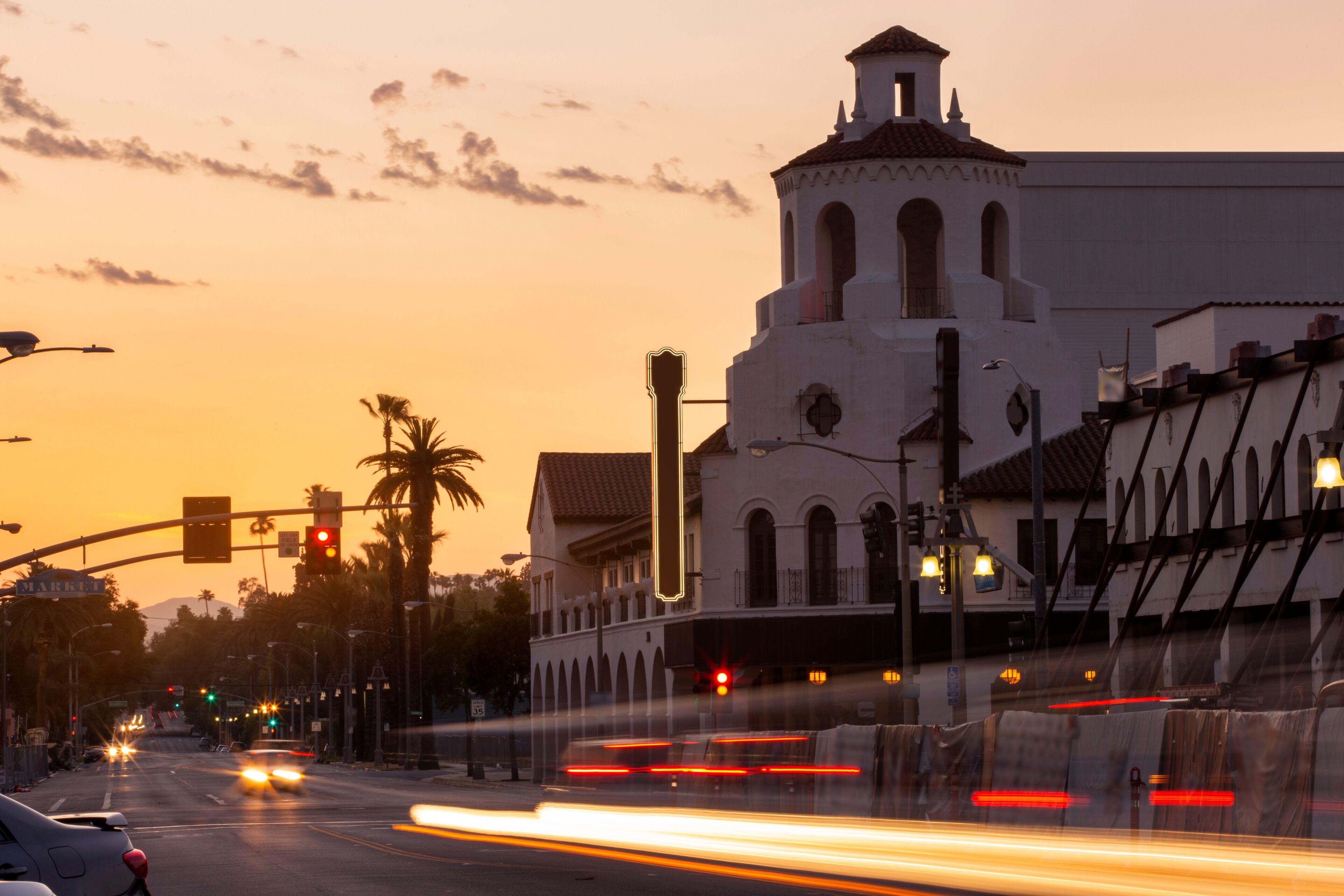 Twilight view of the historic section of downtown Riverside, California.