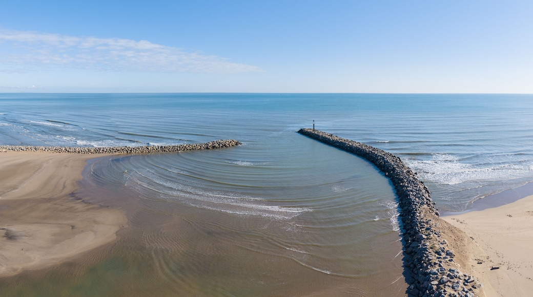 Et kystlandskab med en buet bølgebryder, der strækker sig ud i rolige farvande, en sandstrand og en klar himmel.