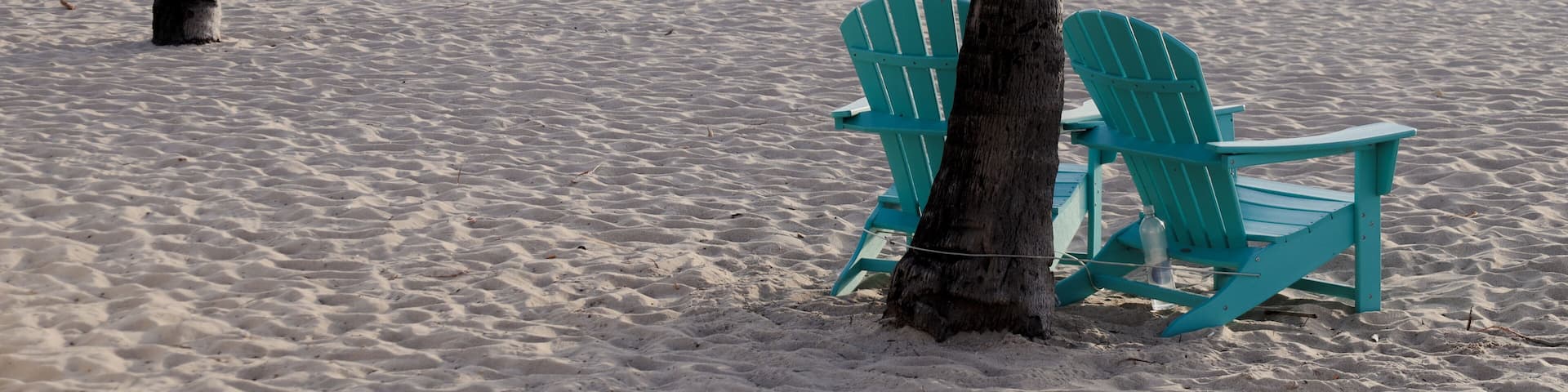 A beach with two turquoise Adirondack chairs and a palm tree.