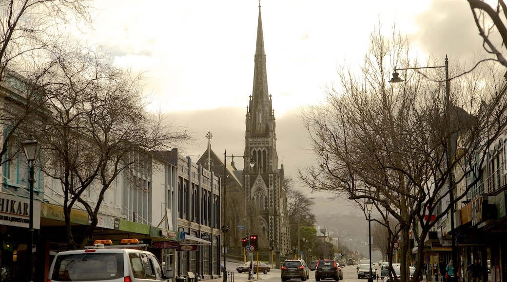 Dunedin som inkluderer kirke eller katedral, tåke og gatescener