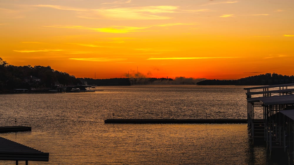 Sunrise over the marina at the Lake of the Ozarks with a dramatic cloudscape in Missouri, USA