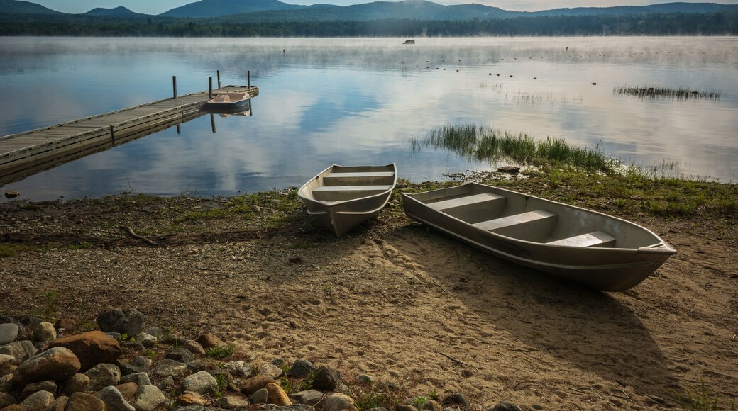 Foggy morning view of Webb Lake from Mt. Blue State Park campground