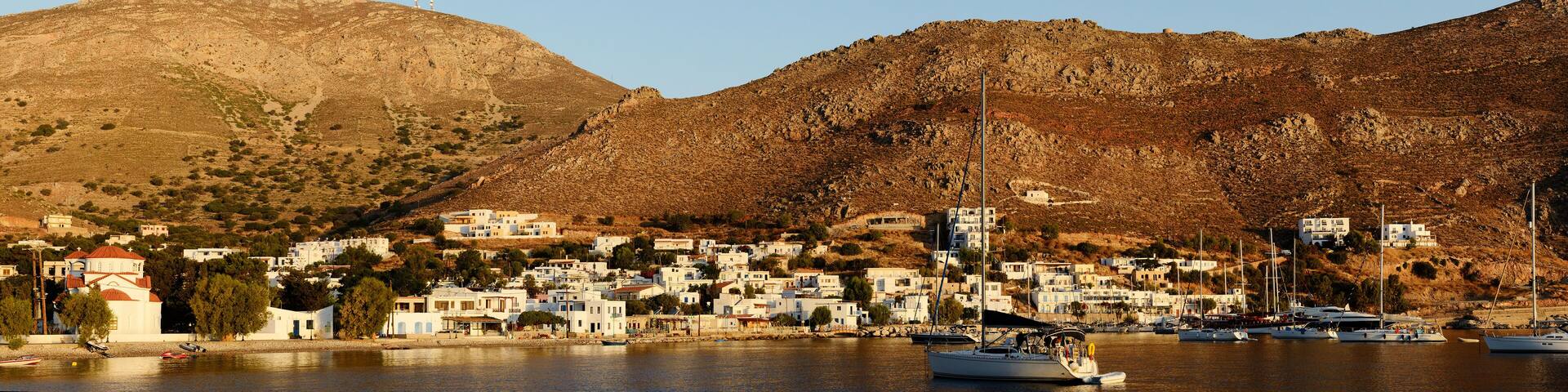 View of the village of Livadia on the east coast of the Greek island of Tilos in the Dodecanese archipelago