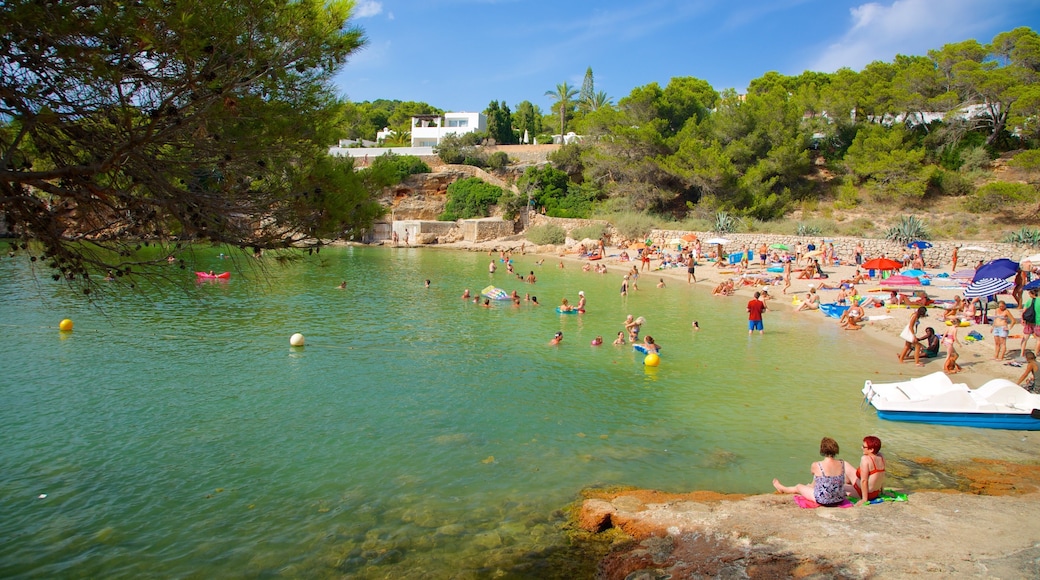 Cala Gració mostrando una ciudad costera, natación y una playa de arena