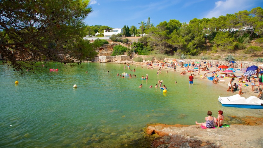 Cala Gracio featuring a beach, a coastal town and swimming