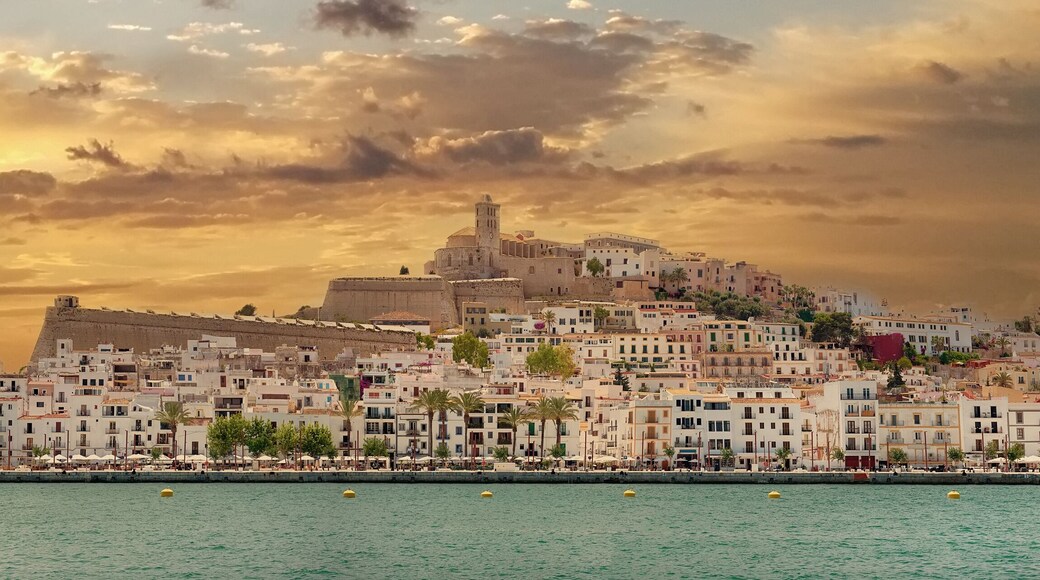 Panoramic view of the Dalt Vila of Ibiza on cloudy sunset sky background. The fortification of the city were listed as a UNESCO Heritage Site in 1999. Balearic Islands, Espana, Spain