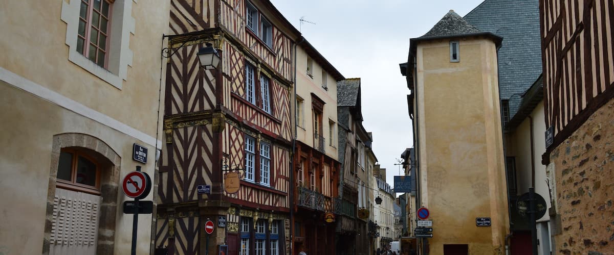 A cobblestone street lined with historic half-timbered buildings, a cyclist, and a no parking sign.