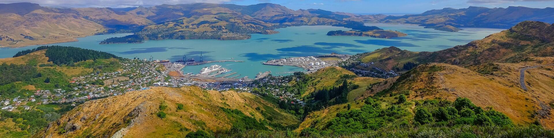 Beautiful panoramic view of Lyttelton Port and Harbour from the Christchurch Gondola Station at the top of the Port Hills, Christchurch, Canterbury, New Zealand.