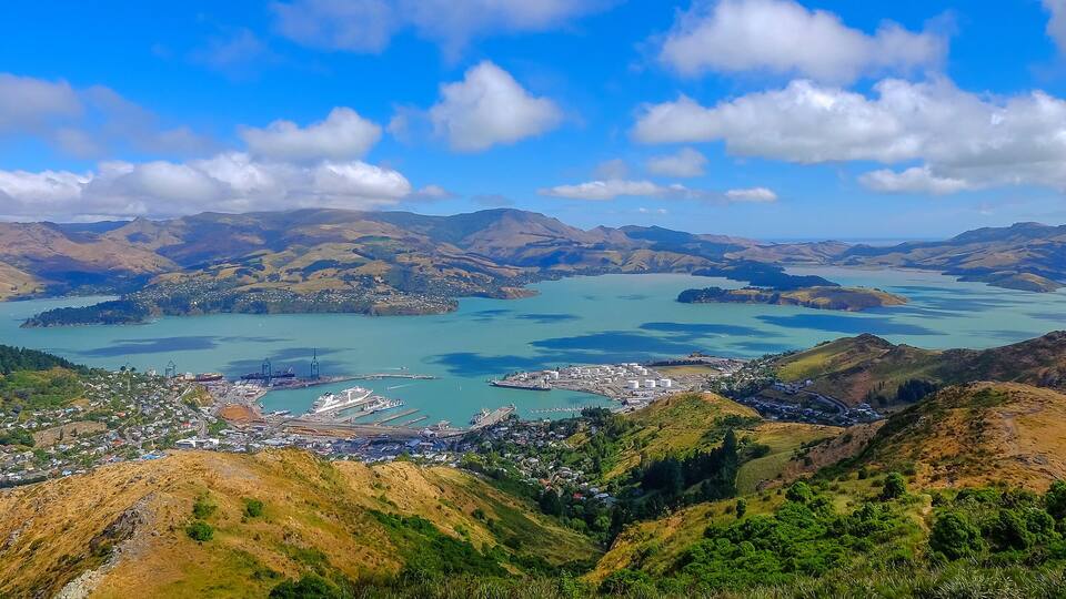 Beautiful panoramic view of Lyttelton Port and Harbour from the Christchurch Gondola Station at the top of the Port Hills, Christchurch, Canterbury, New Zealand.
