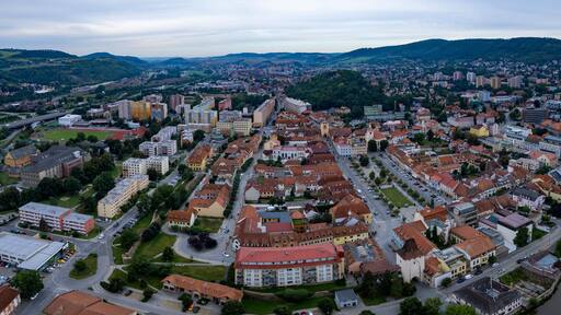 Aerial around the old town Beroun in Czechia on a sunny day in spring