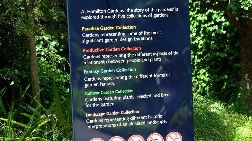 A signboard at Hamilton Gardens detailing five garden collections.