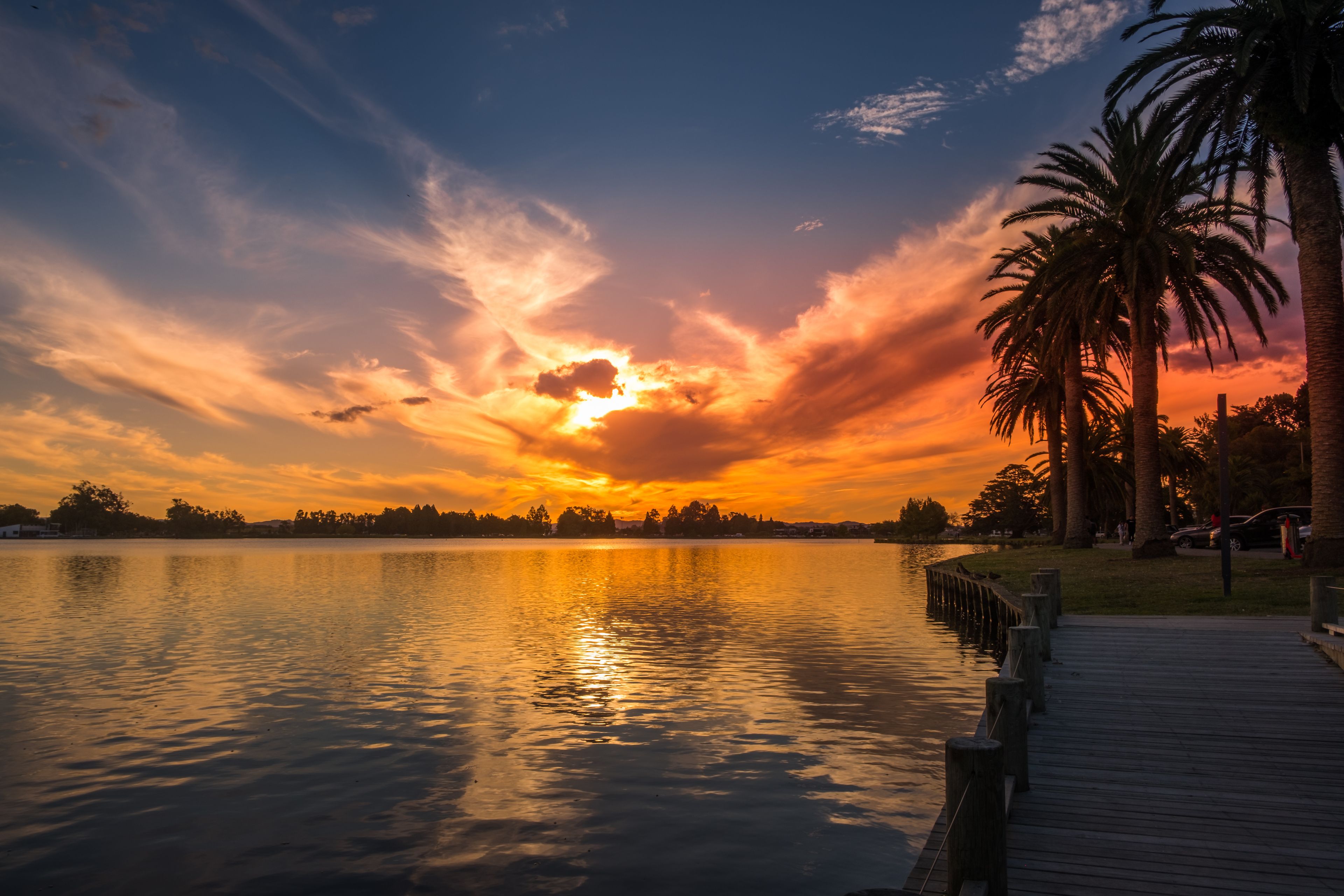 Un atardecer sobre un lago tranquilo con un muelle de madera y palmeras.