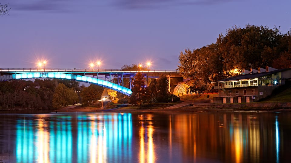 A bridge with blue lights reflecting on water, surrounded by trees and a building.