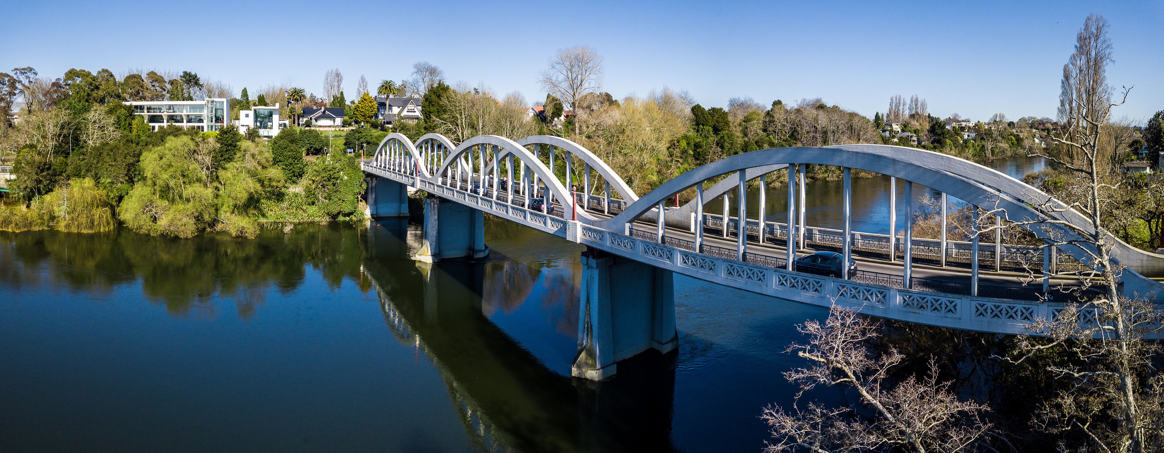 Aerial panoramic view looking West to the Fairfield Bridge over the Waikato River in Hamilton, New Zealand.