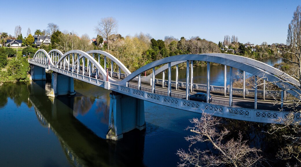 Aerial panoramic view looking West to the Fairfield Bridge over the Waikato River in Hamilton, New Zealand.