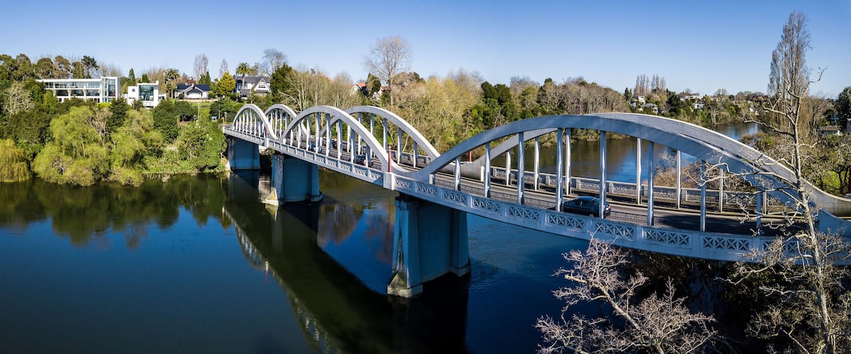 Aerial panoramic view looking West to the Fairfield Bridge over the Waikato River in Hamilton, New Zealand.