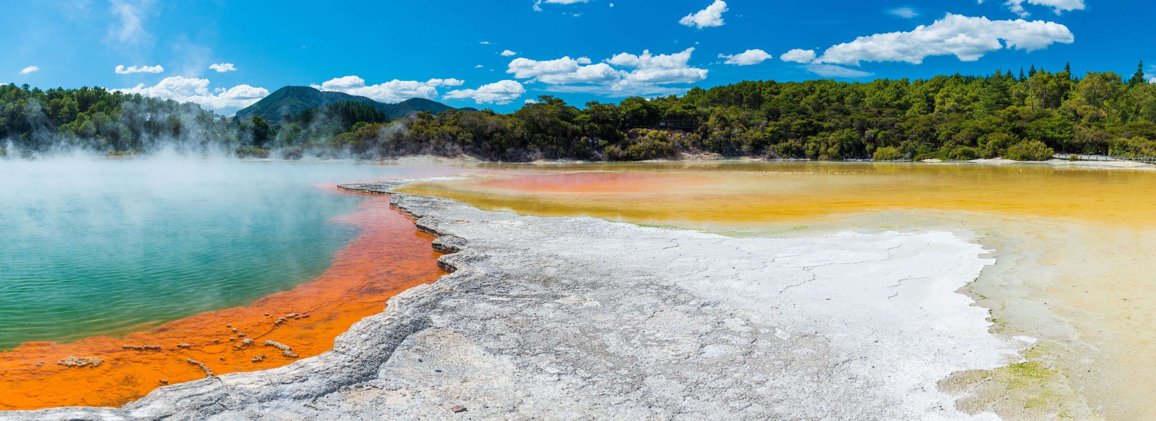 Un área geotérmica con aguas termales de colores y un telón de fondo de montaña boscosa.