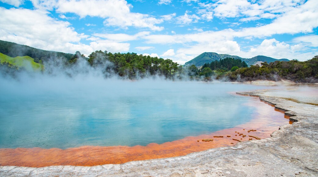 Beautiful view of Champagne pool an iconic tourist attraction of Wai-O-Tapu the geothermal wonderland in Rotorua, New Zealand. New Zealand's most colourful geothermal attraction.