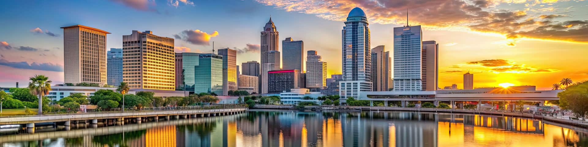 Panoramic view of Summer sunset over Tampa Downtown waterfront skyline, Tampa, Florida, USA, skyline, waterfront, sunset