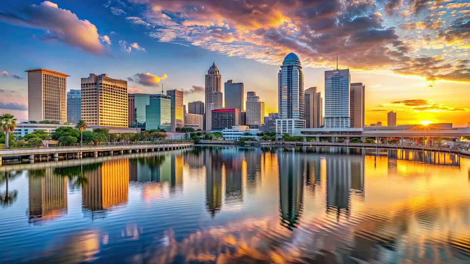 Panoramic view of Summer sunset over Tampa Downtown waterfront skyline, Tampa, Florida, USA, skyline, waterfront, sunset