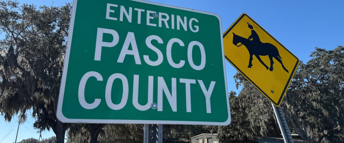 A green sign reading 'ENTERING PASCO COUNTY' with a yellow sign depicting a horse crossing.