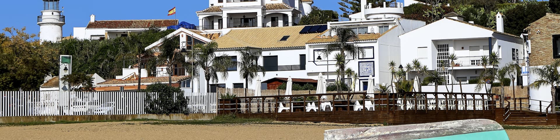 Panoramic of the new and old lighthouse of El Rompido, Cartaya, Costa de la Luz, Huelva region, Andalucia, Spain, Europe, made from the beach,
