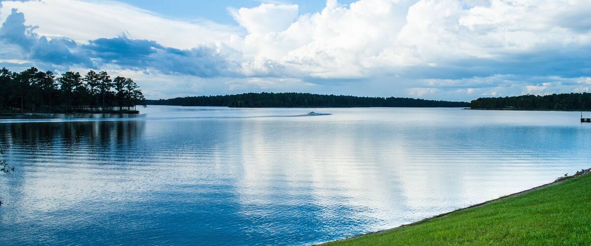 A calm lake with a grassy shoreline and a forested hill in the distance.