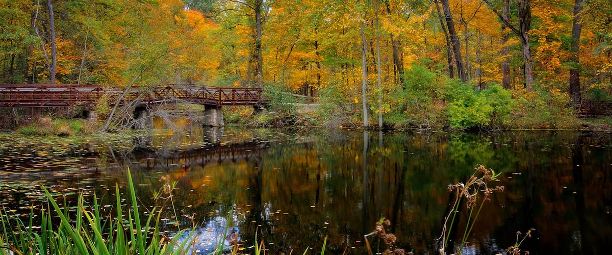 A bridge over a calm river surrounded by autumn-colored trees.