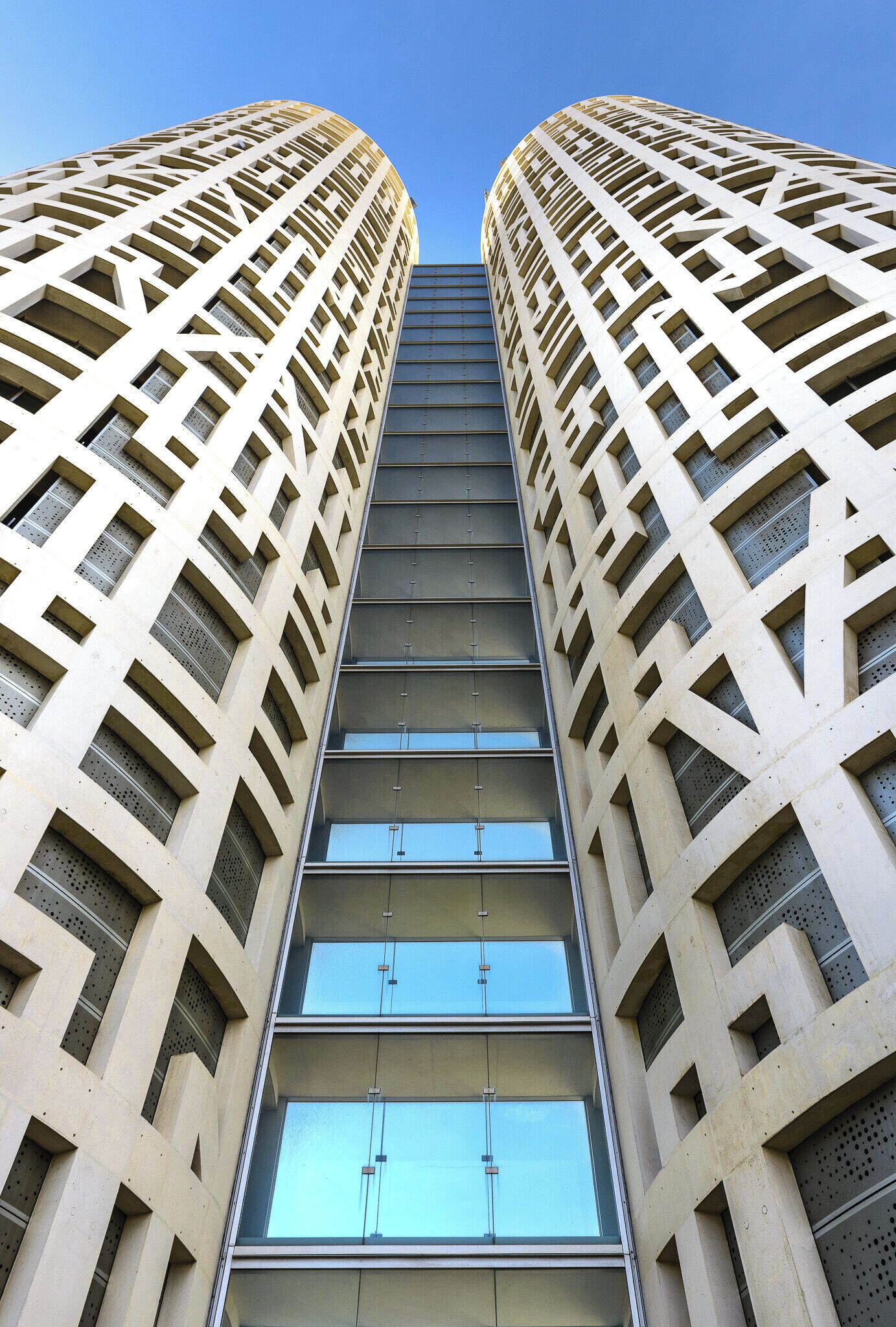 Looking skyward at the circular office buildings  #BVSBlue