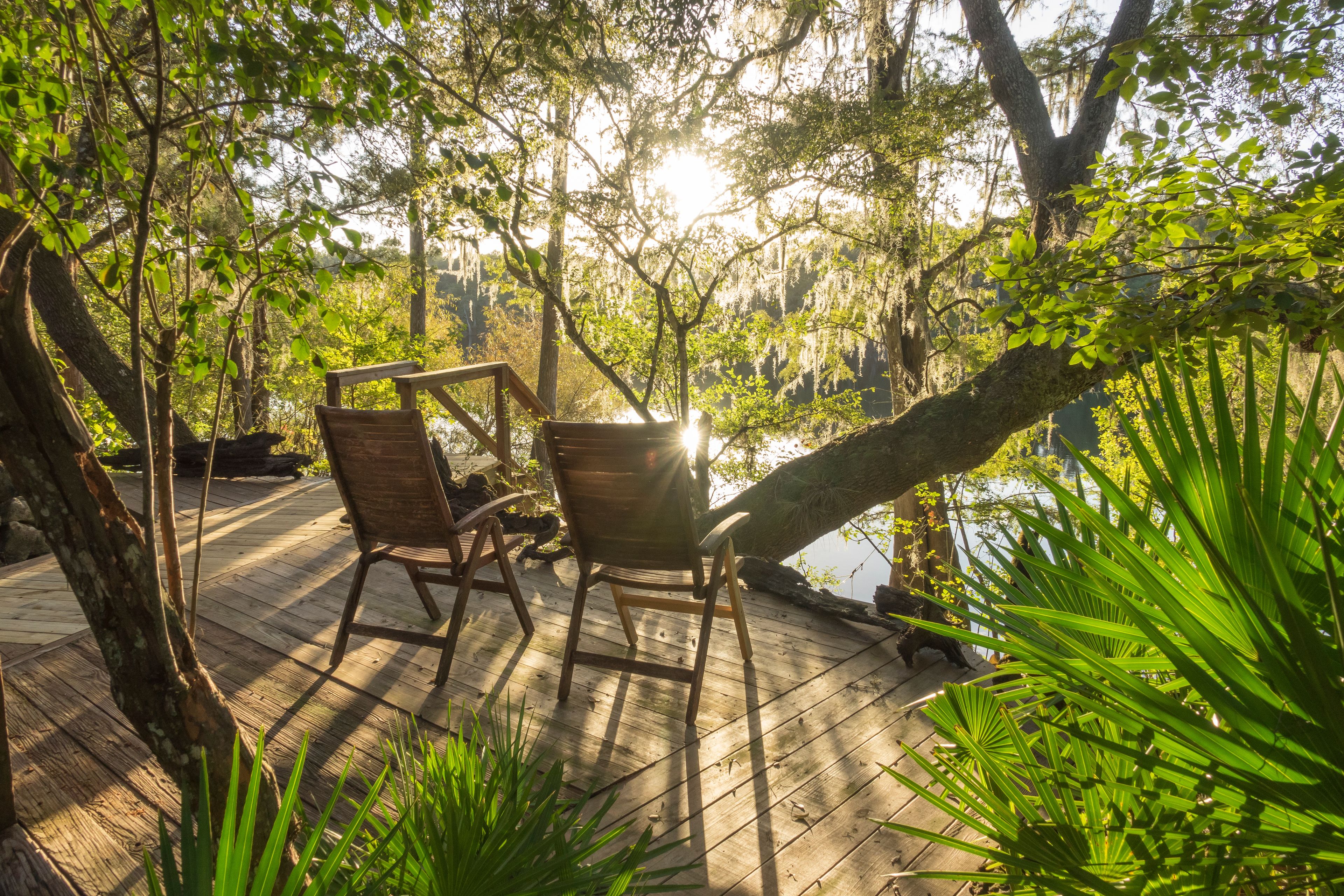 Deck chairs on scenic Suwannee river deck overlook. Gilchrist County Florida