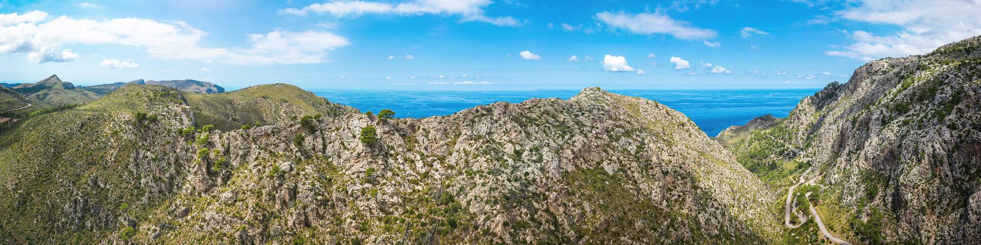 beautiful wide angle aerial view of the mountains of Mallorca, Estellencs, Spain