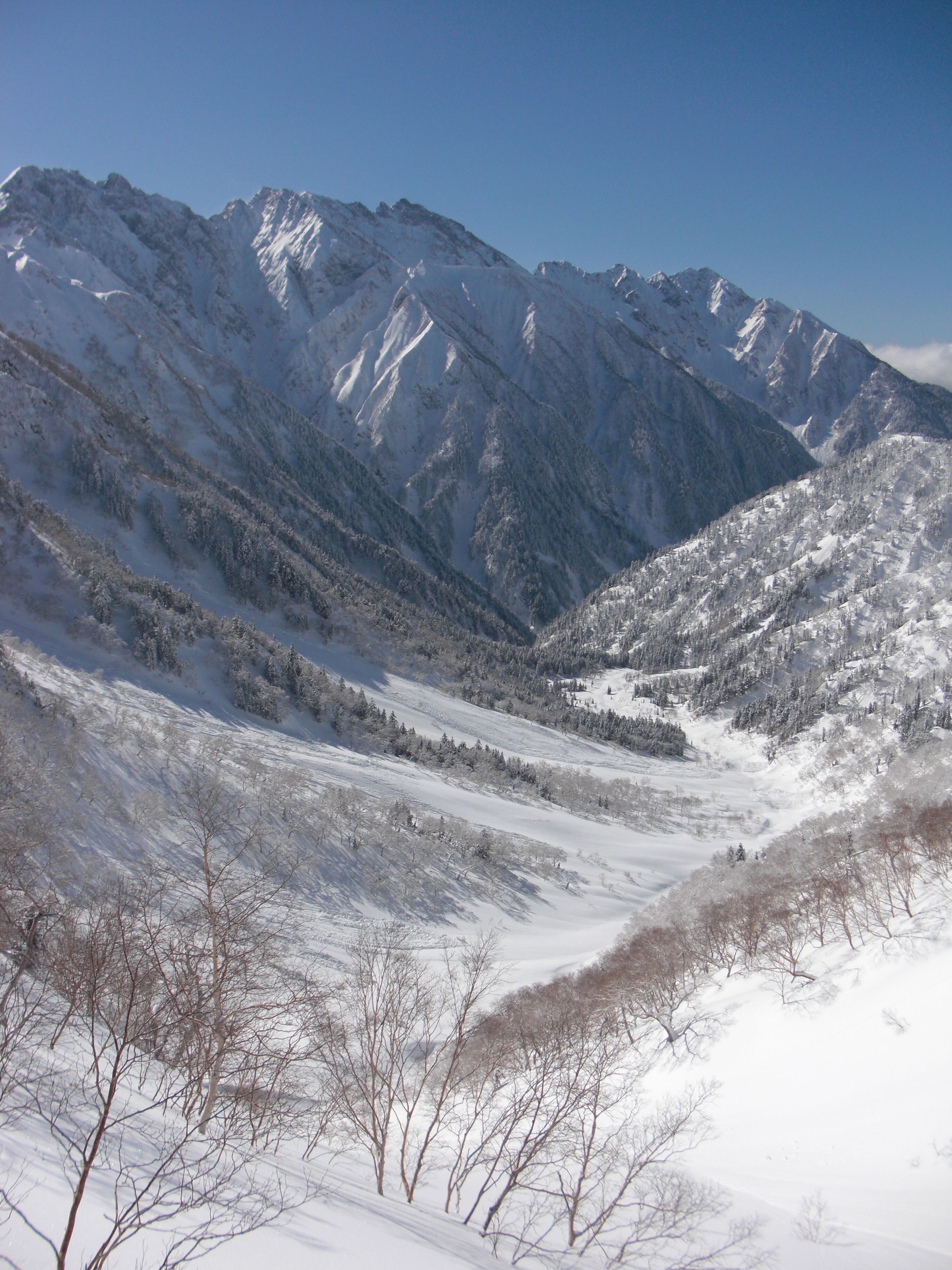 A snow-covered mountain range with a valley in the foreground.