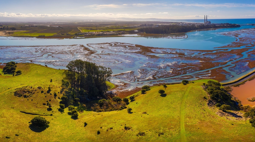 Aerial Panoramic View of Elkhorn Slough, Moss Landing, California. Elkhorn Slough is a 7-mile-long tidal slough and estuary on Monterey Bay in Monterey County, California.