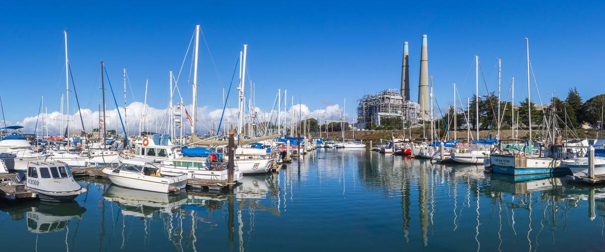 Panoramic view of Moss Landing marina in Monterey Bay on a sunny day, California