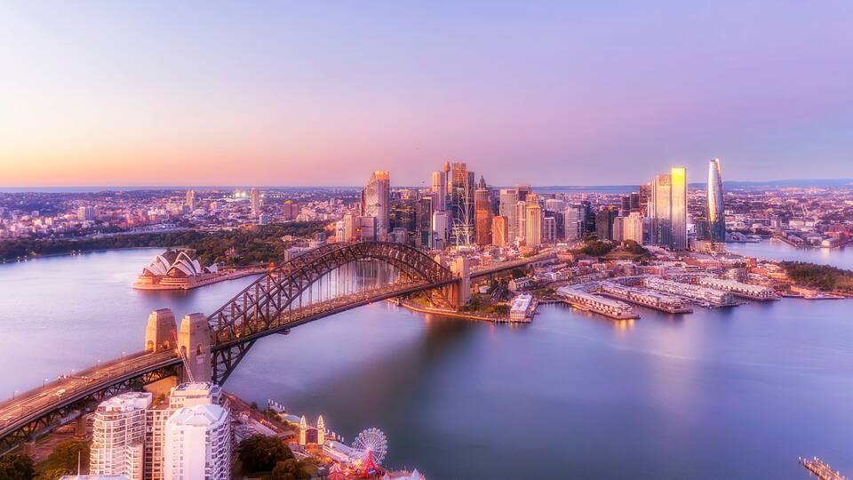 Sydney's skyline, the Sydney Opera House, and the Sydney Harbour Bridge.