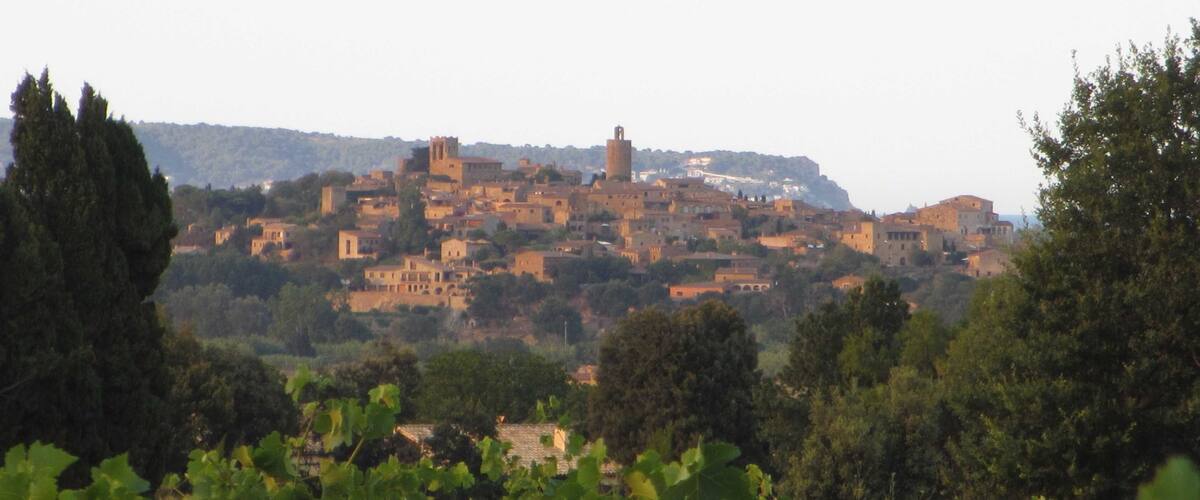 A historic town with medieval architecture, a prominent tower, and lush greenery.