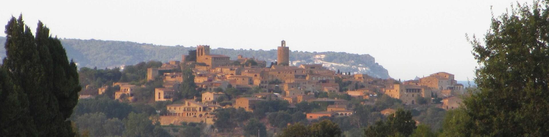 A historic town with medieval architecture, a prominent tower, and lush greenery.