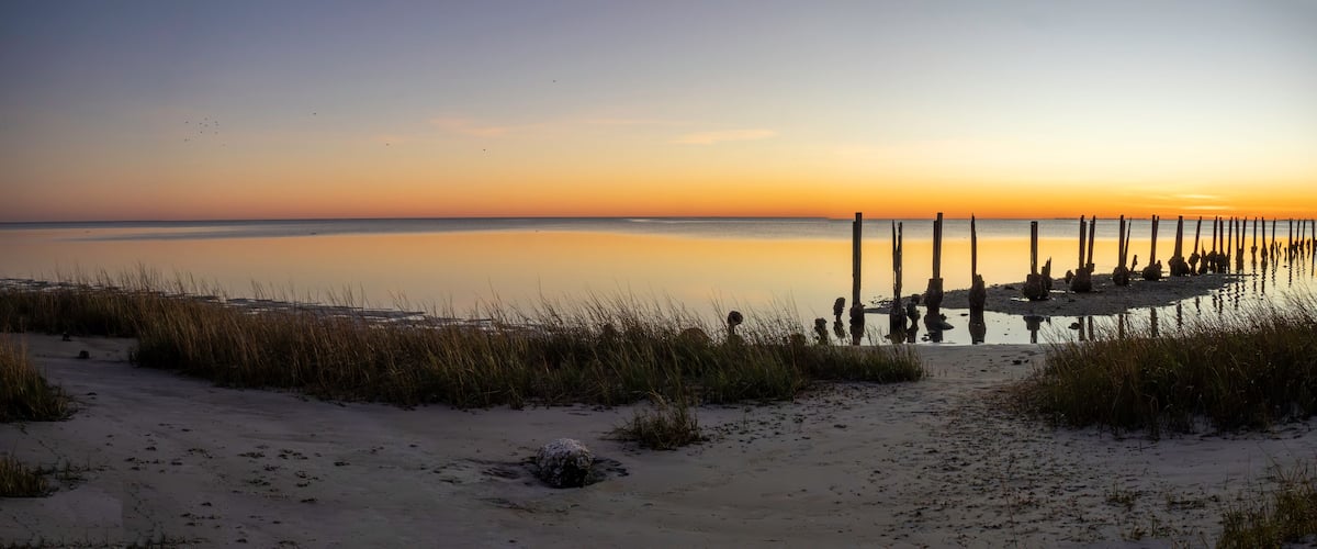 A beach at sunset with calm waters, tall grasses, and wooden posts.