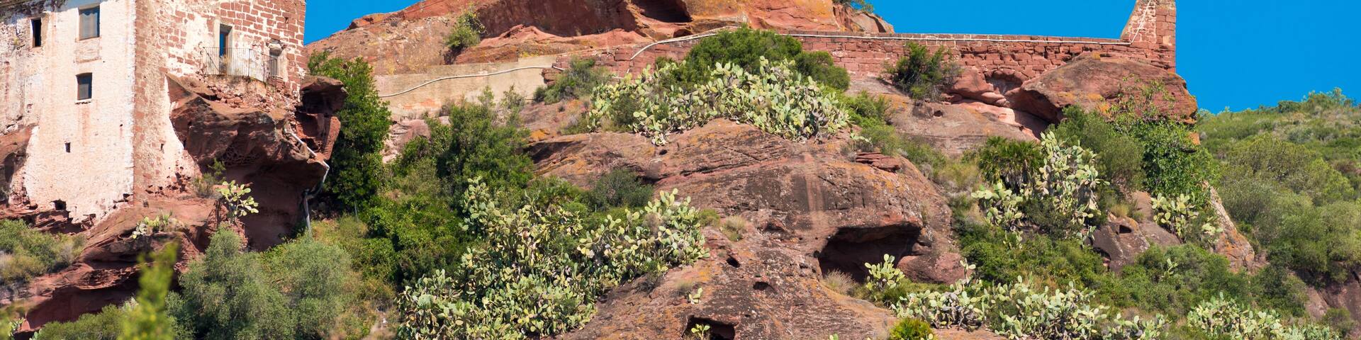Ancient church of Mare de Deu de la Roca, near the town of Montbrio del Camp, Tarragona, Catalunya, Spain. Copy space for text.