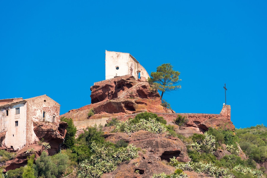 Ancient church of Mare de Deu de la Roca, near the town of Montbrio del Camp, Tarragona, Catalunya, Spain. Copy space for text.