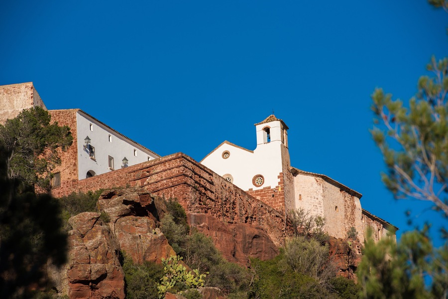 Ancient church of Mare de Deu de la Roca, near the town of Montbrio del Camp, Tarragona, Catalunya, Spain. Copy space for text