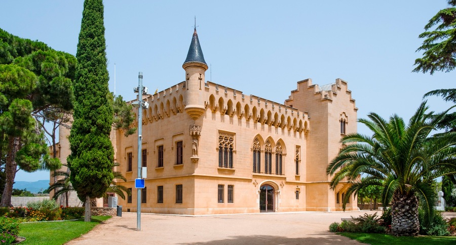 A castle with a conical roof, arched windows, and a stone tower.