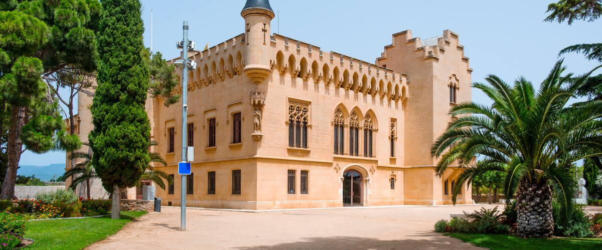 A castle with a conical roof, arched windows, and a stone tower.