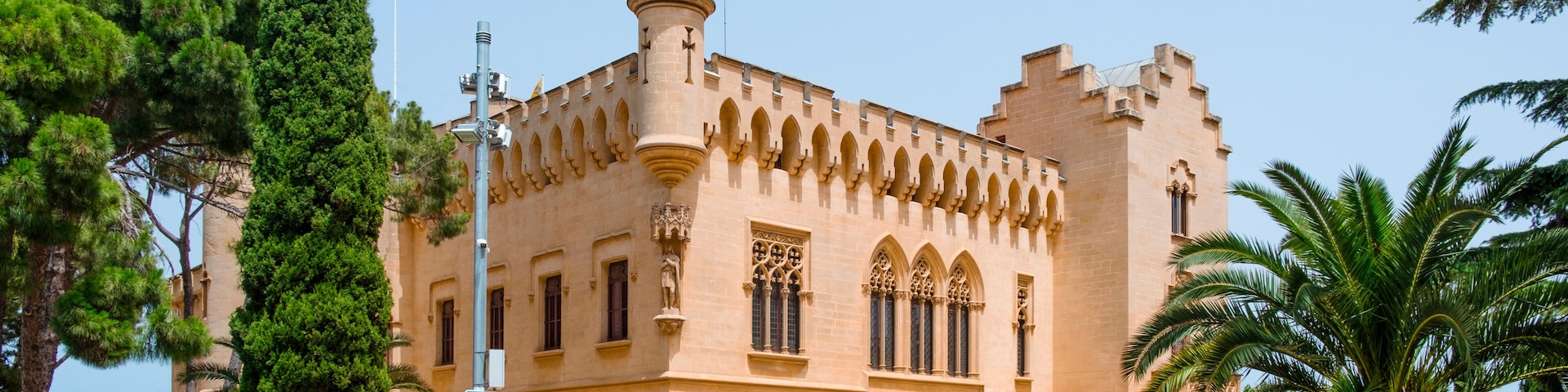 A castle with a conical roof, arched windows, and a stone tower.