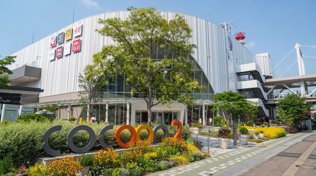 Saitama which includes wildflowers, signage and a park