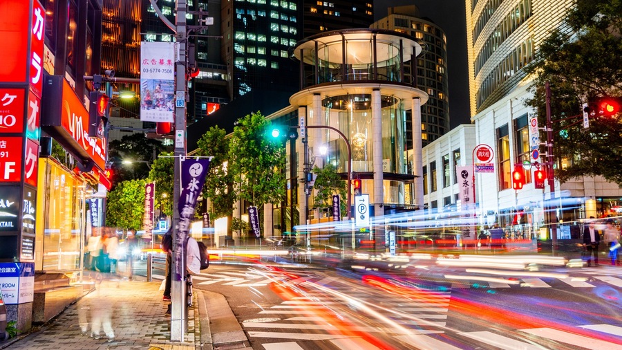 Akasaka which includes night scenes, a city and street scenes