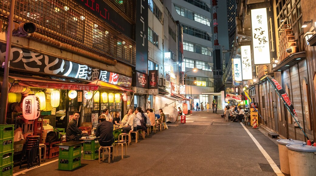 Ginza which includes street scenes, night scenes and outdoor eating