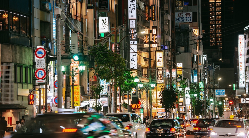 Roppongi which includes night scenes, street scenes and a city